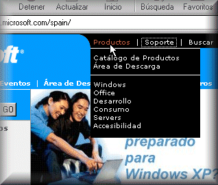 Fragmento de web de microsoft con men&uacute; desplegable, activado por rat&oacute;n.