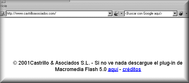 Imagen de la p&aacute;gina. El &uacute;nico texto visible dice 'Si no ve nada descargue el plug-in de Macromedia Flash 5.0 aqu&iacute; - cr&eacute;ditos'.