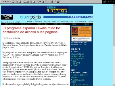 Vista de una p�gina de El Pa�s online, con un art�culo sobre el TAW.