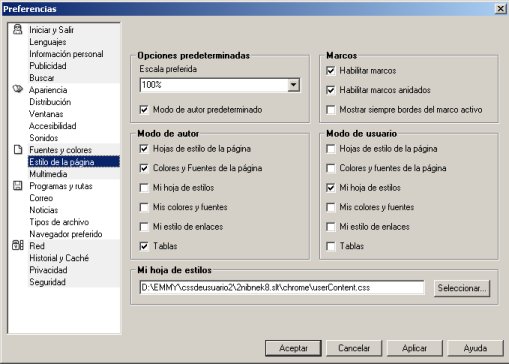 Vista del cuadro de di&aacute;logo preferencias en Opera 6.